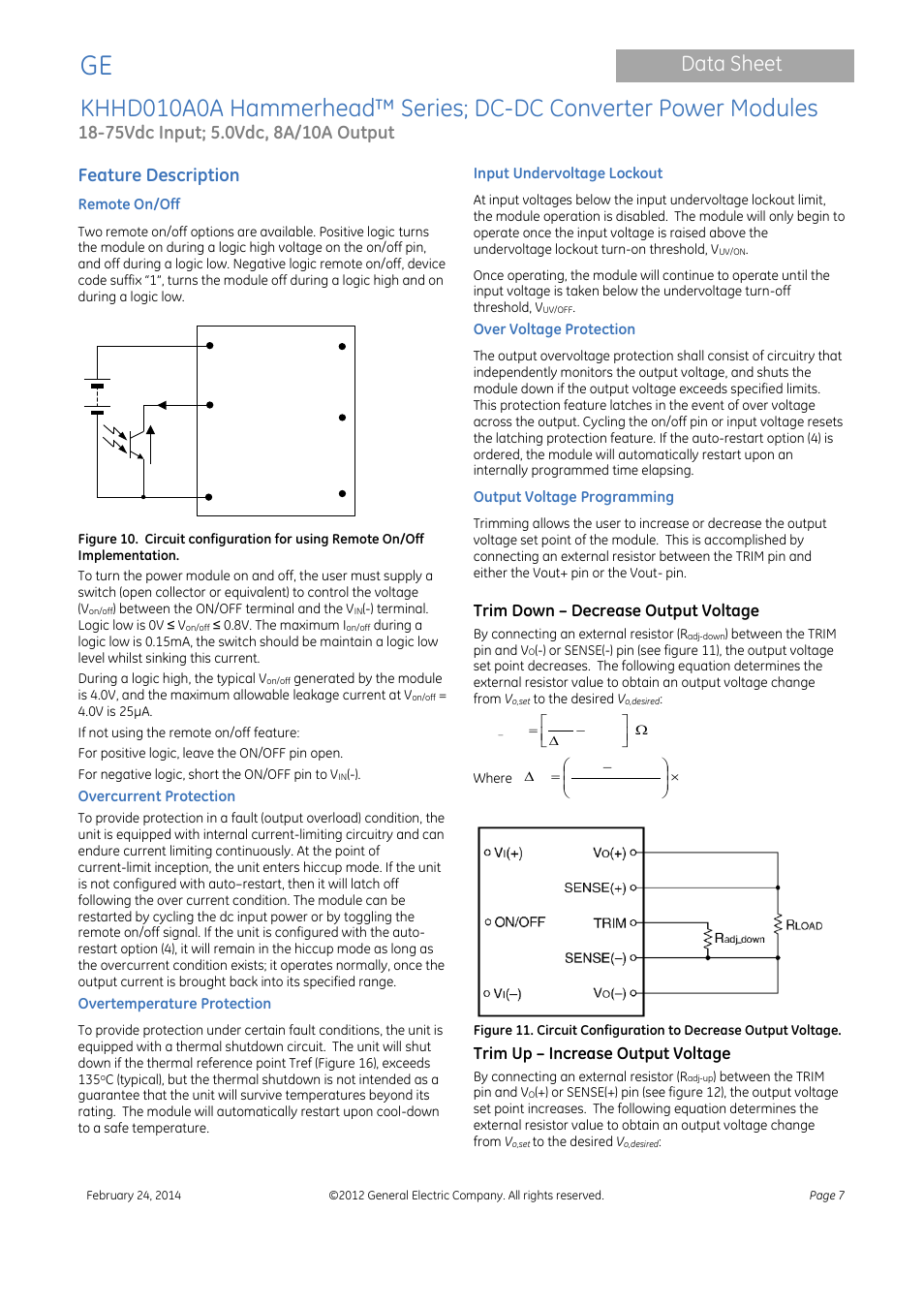 Data sheet, Feature description, Trim down – decrease output voltage | Trim up – increase output voltage | GE Industrial Solutions KHHD010A0A Hammerhead Series User Manual | Page 7 / 16
