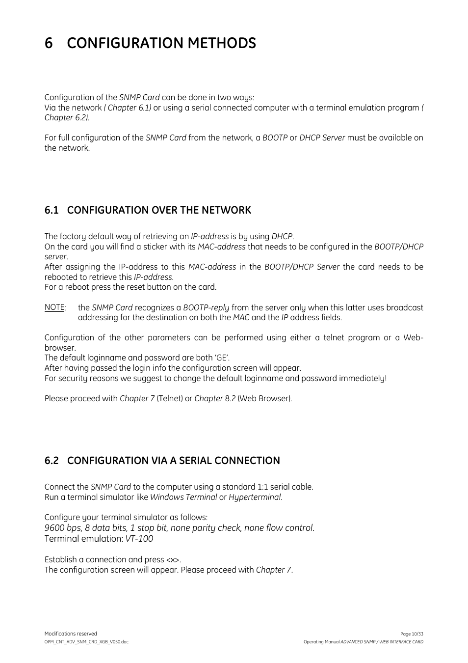 6 configuration methods, 1 configuration over the network, 2 configuration via a serial connection | GE Industrial Solutions ADVANCED SNMP WEB INTERFACE CARD User Manual | Page 10 / 33