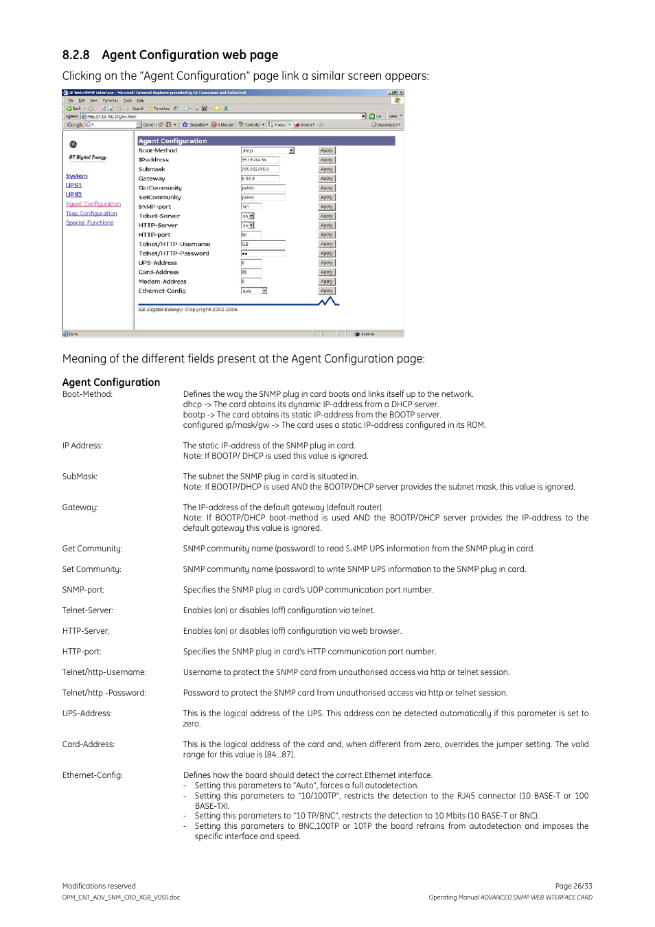 8 agent configuration web page, Agent configuration | GE Industrial Solutions ADVANCED SNMP WEB INTERFACE CARD User Manual | Page 26 / 33