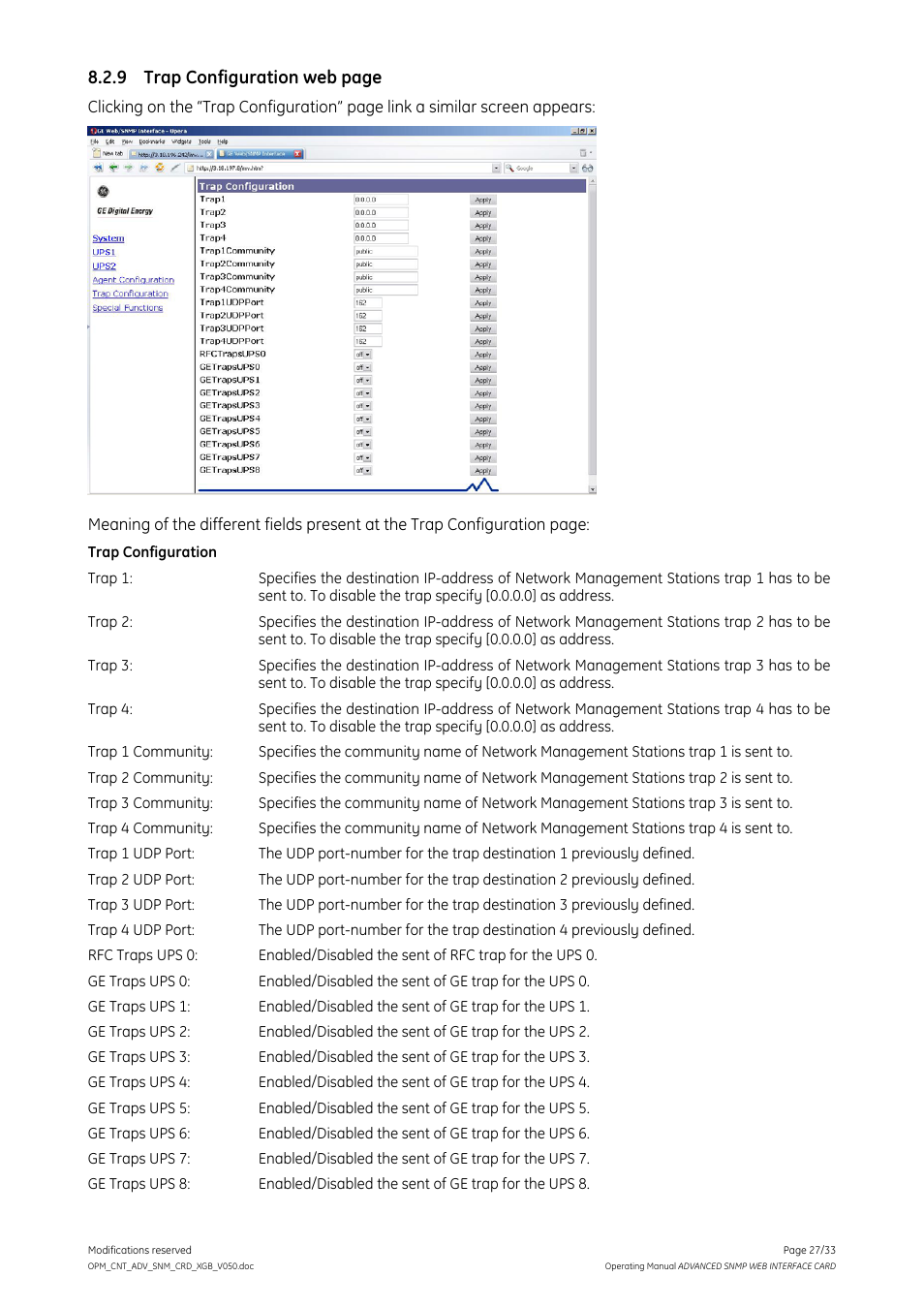 9 trap configuration web page, Trap configuration | GE Industrial Solutions ADVANCED SNMP WEB INTERFACE CARD User Manual | Page 27 / 33