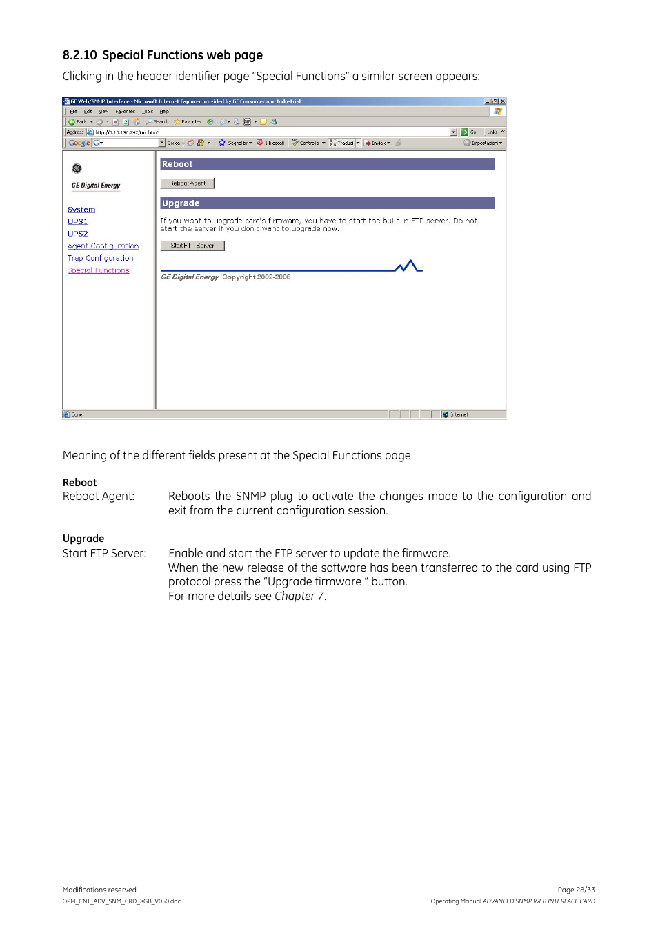 10 special functions web page | GE Industrial Solutions ADVANCED SNMP WEB INTERFACE CARD User Manual | Page 28 / 33