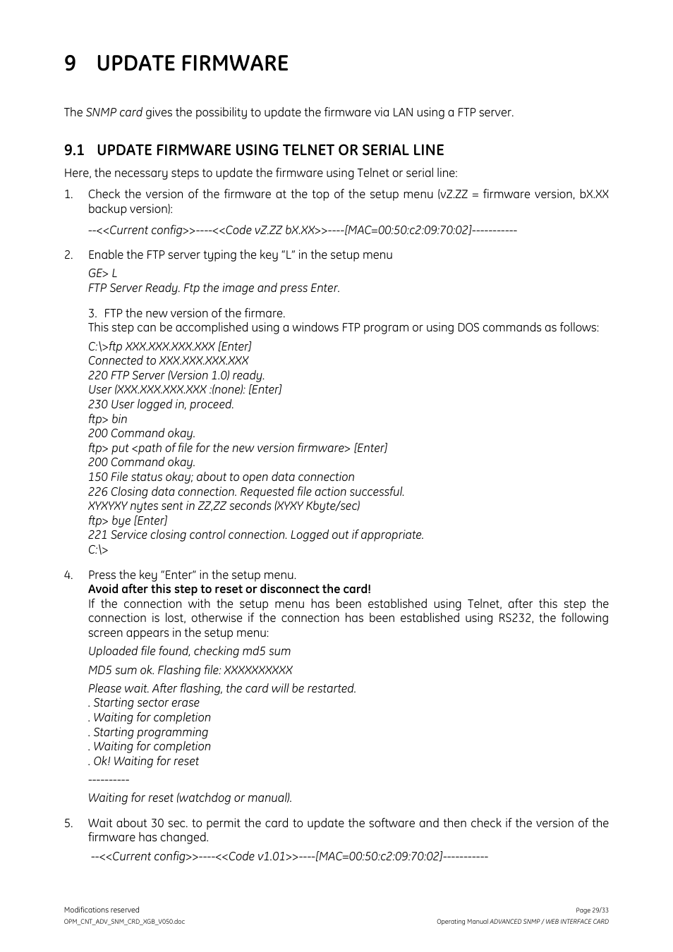 9 update firmware, 1 update firmware using telnet or serial line, Uploaded file found, checking md5 sum | Waiting for reset (watchdog or manual) | GE Industrial Solutions ADVANCED SNMP WEB INTERFACE CARD User Manual | Page 29 / 33