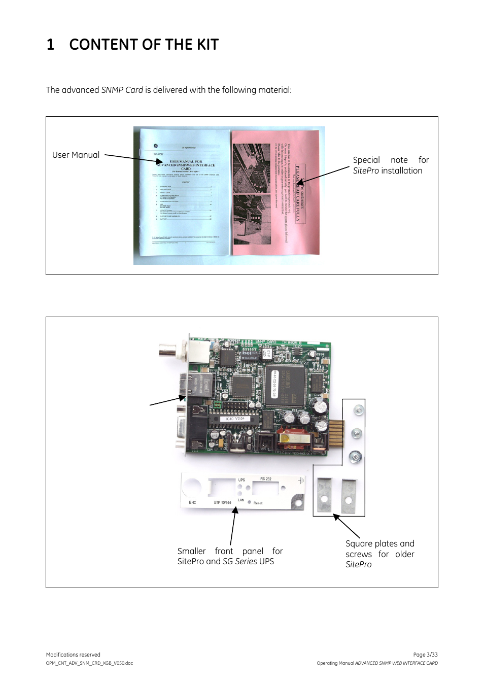 1 content of the kit | GE Industrial Solutions ADVANCED SNMP WEB INTERFACE CARD User Manual | Page 3 / 33