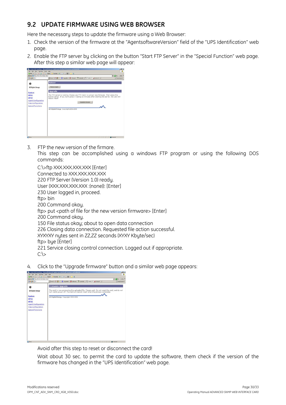 2 update firmware using web browser | GE Industrial Solutions ADVANCED SNMP WEB INTERFACE CARD User Manual | Page 30 / 33