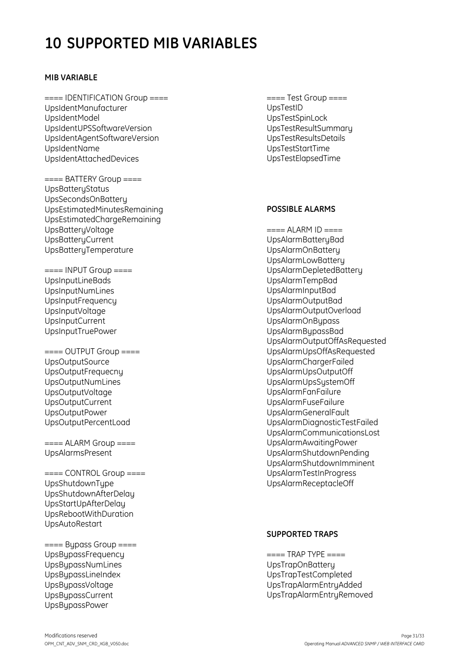 10 supported mib variables | GE Industrial Solutions ADVANCED SNMP WEB INTERFACE CARD User Manual | Page 31 / 33