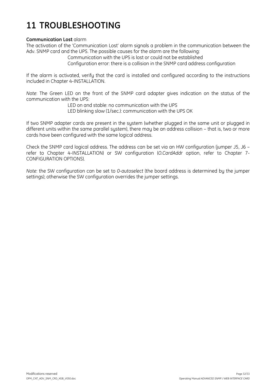 11 troubleshooting | GE Industrial Solutions ADVANCED SNMP WEB INTERFACE CARD User Manual | Page 32 / 33