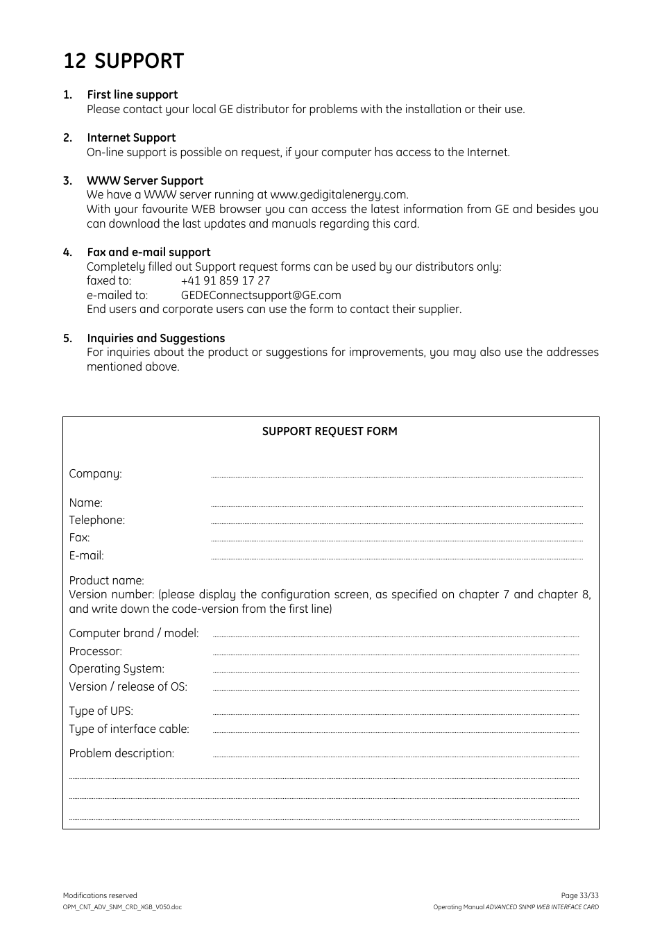 12 support | GE Industrial Solutions ADVANCED SNMP WEB INTERFACE CARD User Manual | Page 33 / 33