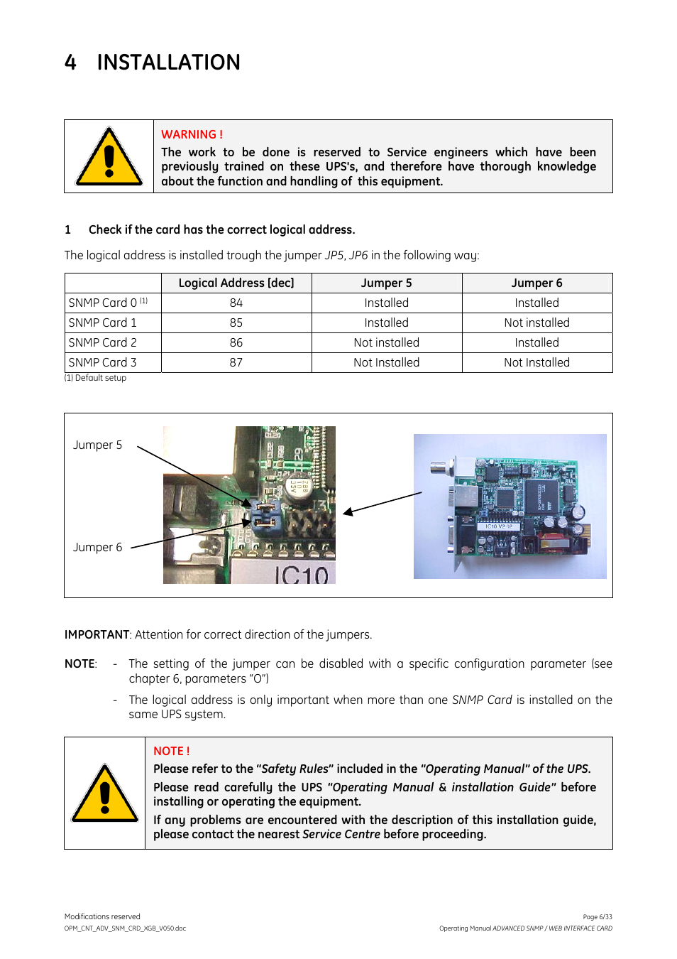 4 installation | GE Industrial Solutions ADVANCED SNMP WEB INTERFACE CARD User Manual | Page 6 / 33