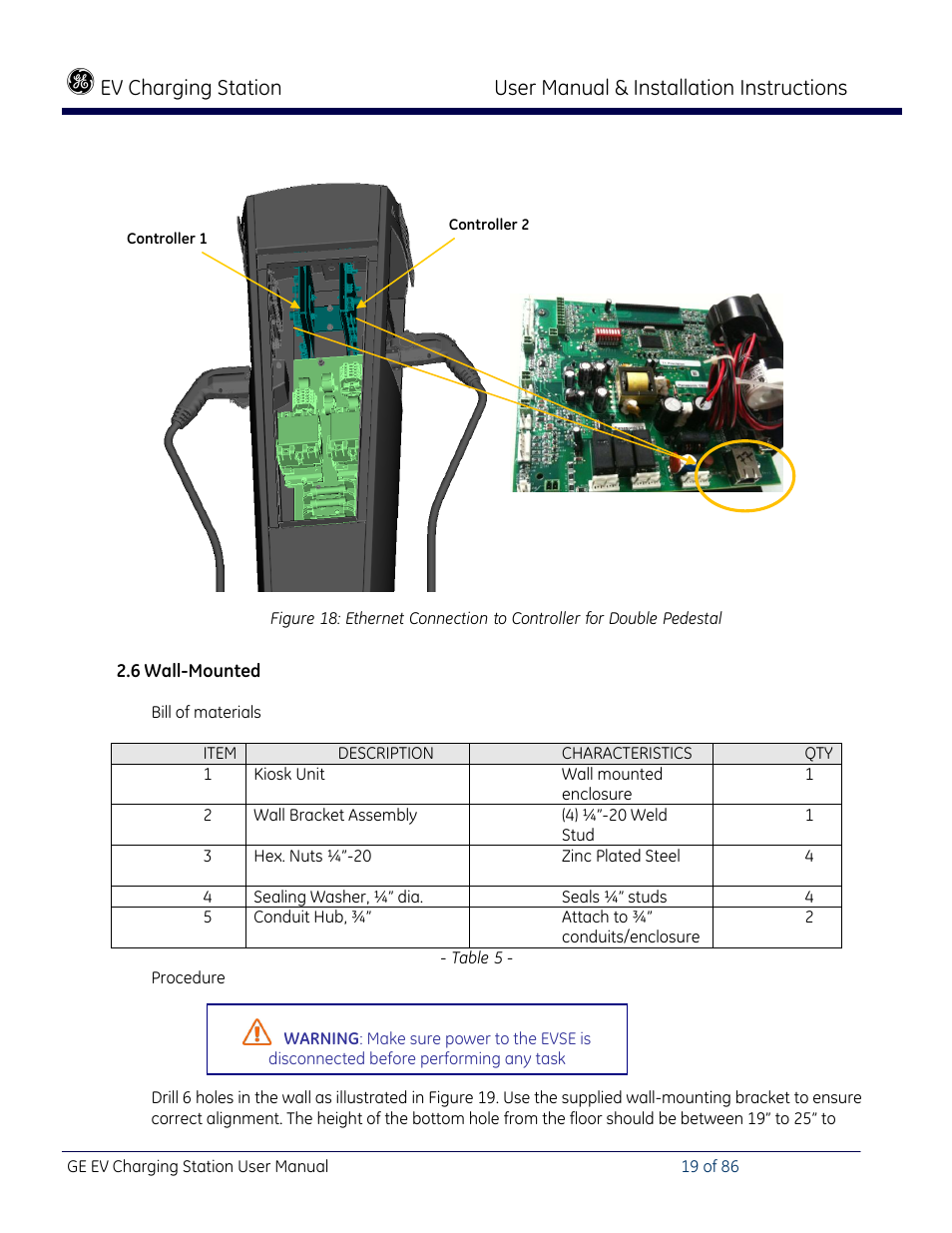 Wall-mounted, Ev charging station, User manual & installation instructions | GE Industrial Solutions NEMA EVSE CHARGING STATION User Manual | Page 19 / 86