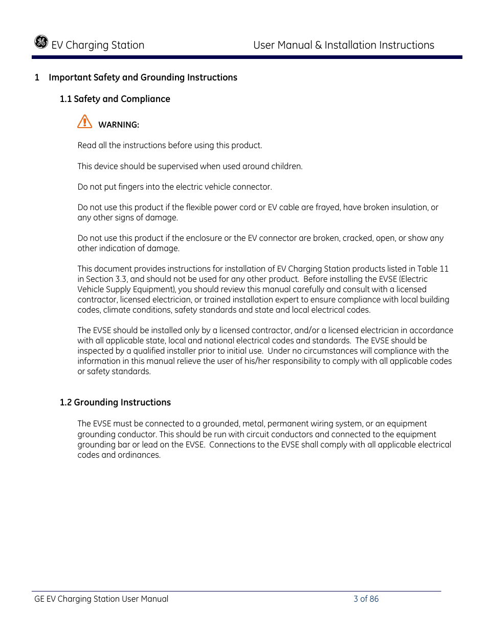 Important safety and grounding instructions, Safety and compliance, Grounding instructions | GE Industrial Solutions NEMA EVSE CHARGING STATION User Manual | Page 3 / 86