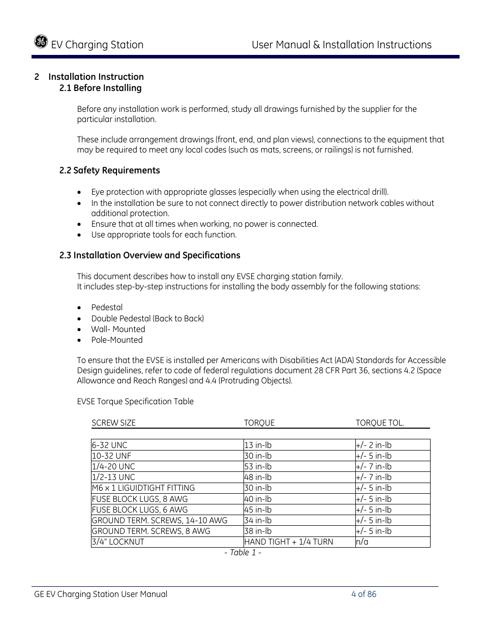 Installation instruction, Before installing, Safety requirements | Installation overview and specifications | GE Industrial Solutions NEMA EVSE CHARGING STATION User Manual | Page 4 / 86