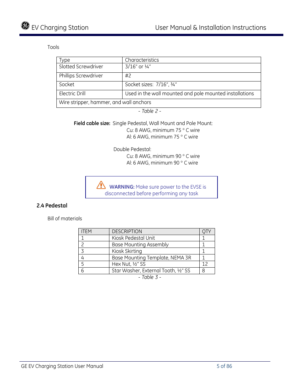 Pedestal, Ev charging station, User manual & installation instructions | GE Industrial Solutions NEMA EVSE CHARGING STATION User Manual | Page 5 / 86