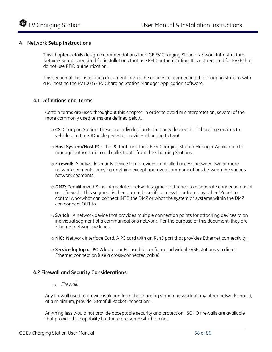 Network setup instructions, Definitions and terms, Firewall and security considerations | GE Industrial Solutions NEMA EVSE CHARGING STATION User Manual | Page 58 / 86