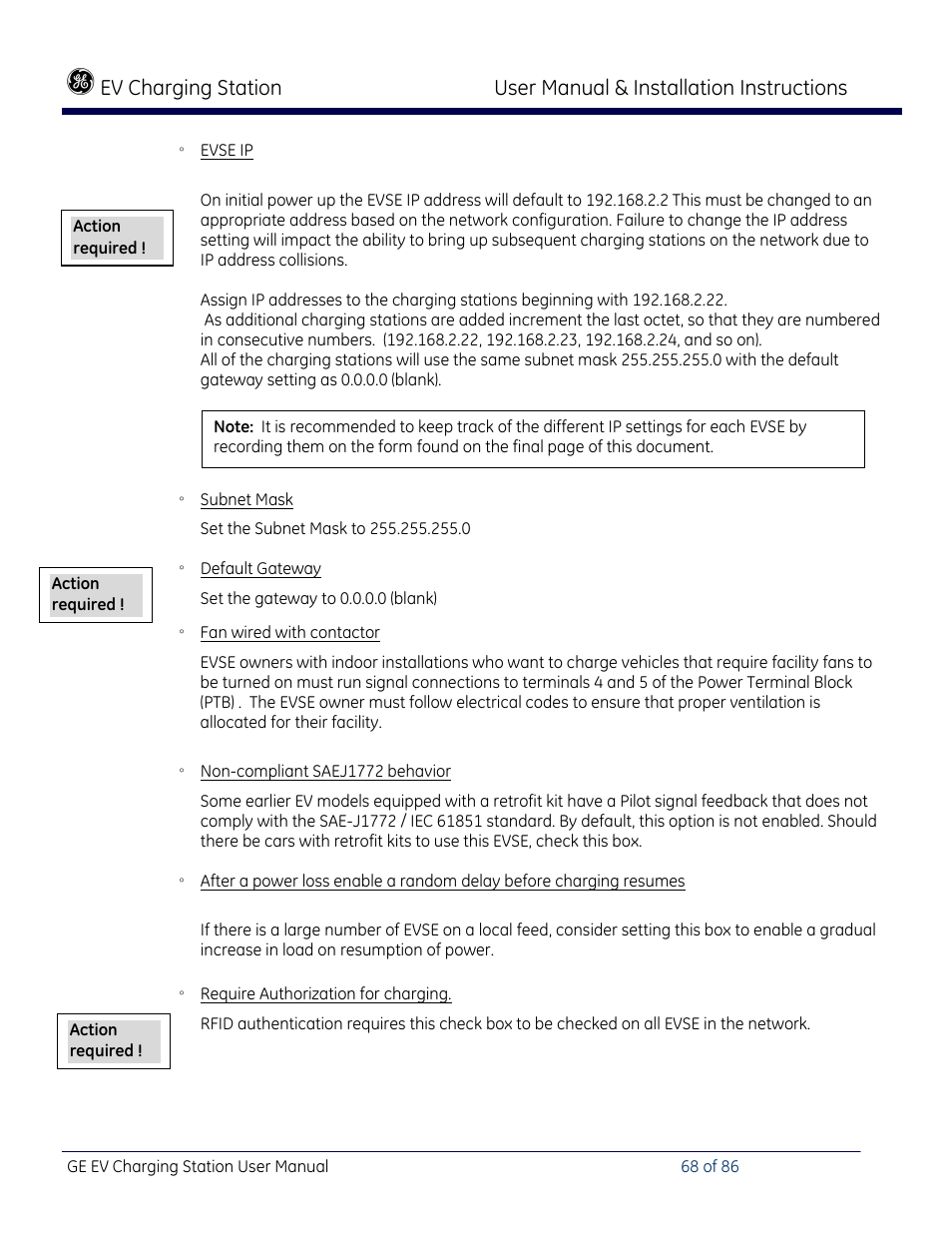 Ev charging station, User manual & installation instructions | GE Industrial Solutions NEMA EVSE CHARGING STATION User Manual | Page 68 / 86