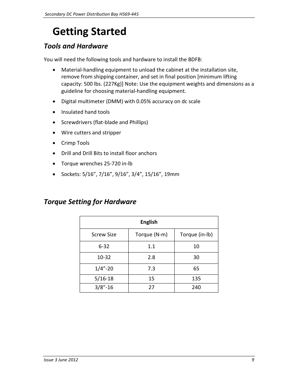 Getting started, Tools and hardware, Torque setting for hardware | GE Industrial Solutions BDCBB H569-445 User Manual | Page 9 / 39