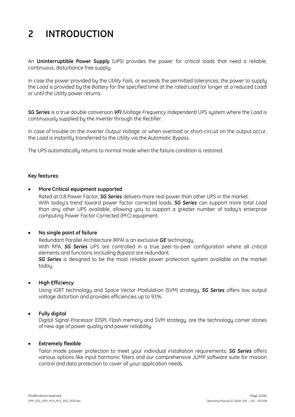 Introduction, 2 introduction | GE Industrial Solutions SG Series 100 – 120 – 150 kVA Operating Manual User Manual | Page 10 / 82