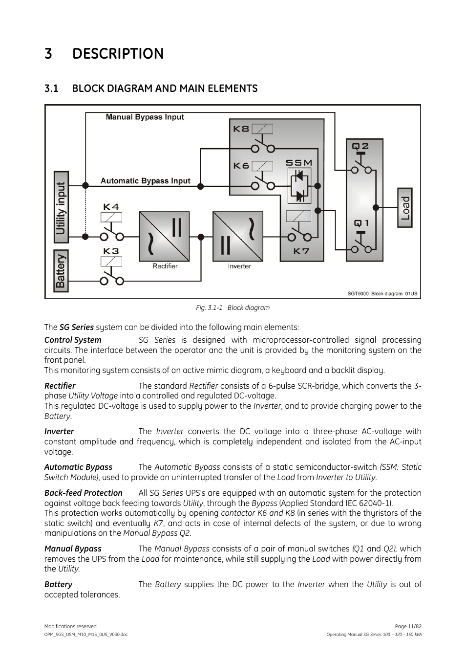 Description, 1 block diagram and main elements, Block diagram and main elements | 3 description | GE Industrial Solutions SG Series 100 – 120 – 150 kVA Operating Manual User Manual | Page 11 / 82