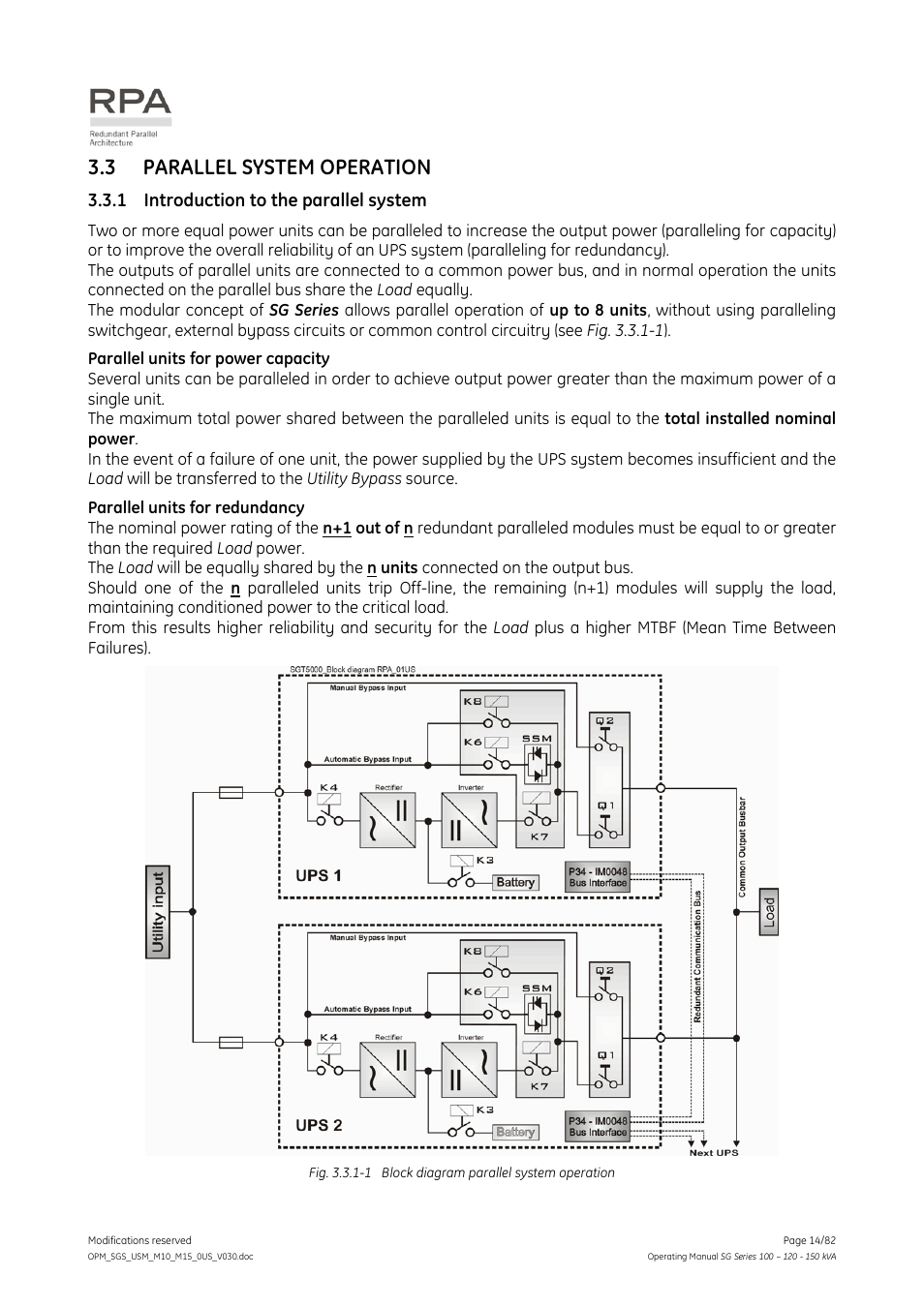 3 parallel system operation, Introduction to the parallel system, Parallel system operation | 1 introduction to the parallel system | GE Industrial Solutions SG Series 100 – 120 – 150 kVA Operating Manual User Manual | Page 14 / 82