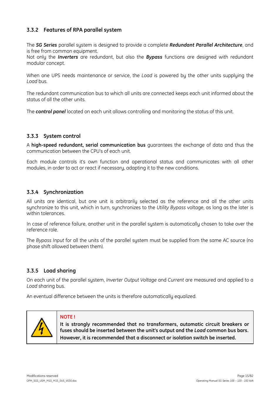 2 features of rpa parallel system, 3 system control, Synchronization | 5 load sharing, Features of rpa parallel system, System control, Load sharing, 4 synchronization | GE Industrial Solutions SG Series 100 – 120 – 150 kVA Operating Manual User Manual | Page 15 / 82