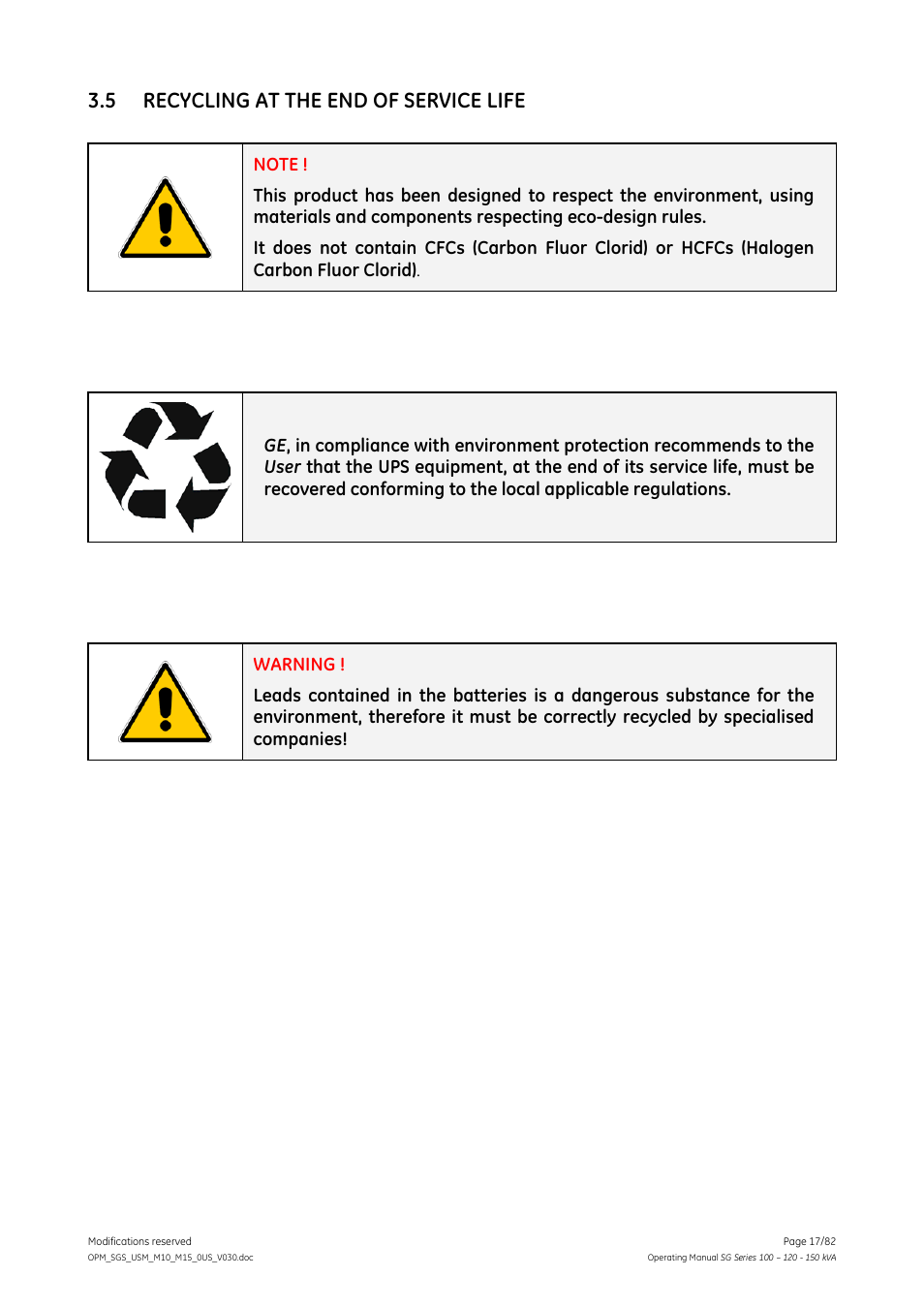 5 recycling at the end of service life, Recycling at the end of service life | GE Industrial Solutions SG Series 100 – 120 – 150 kVA Operating Manual User Manual | Page 17 / 82