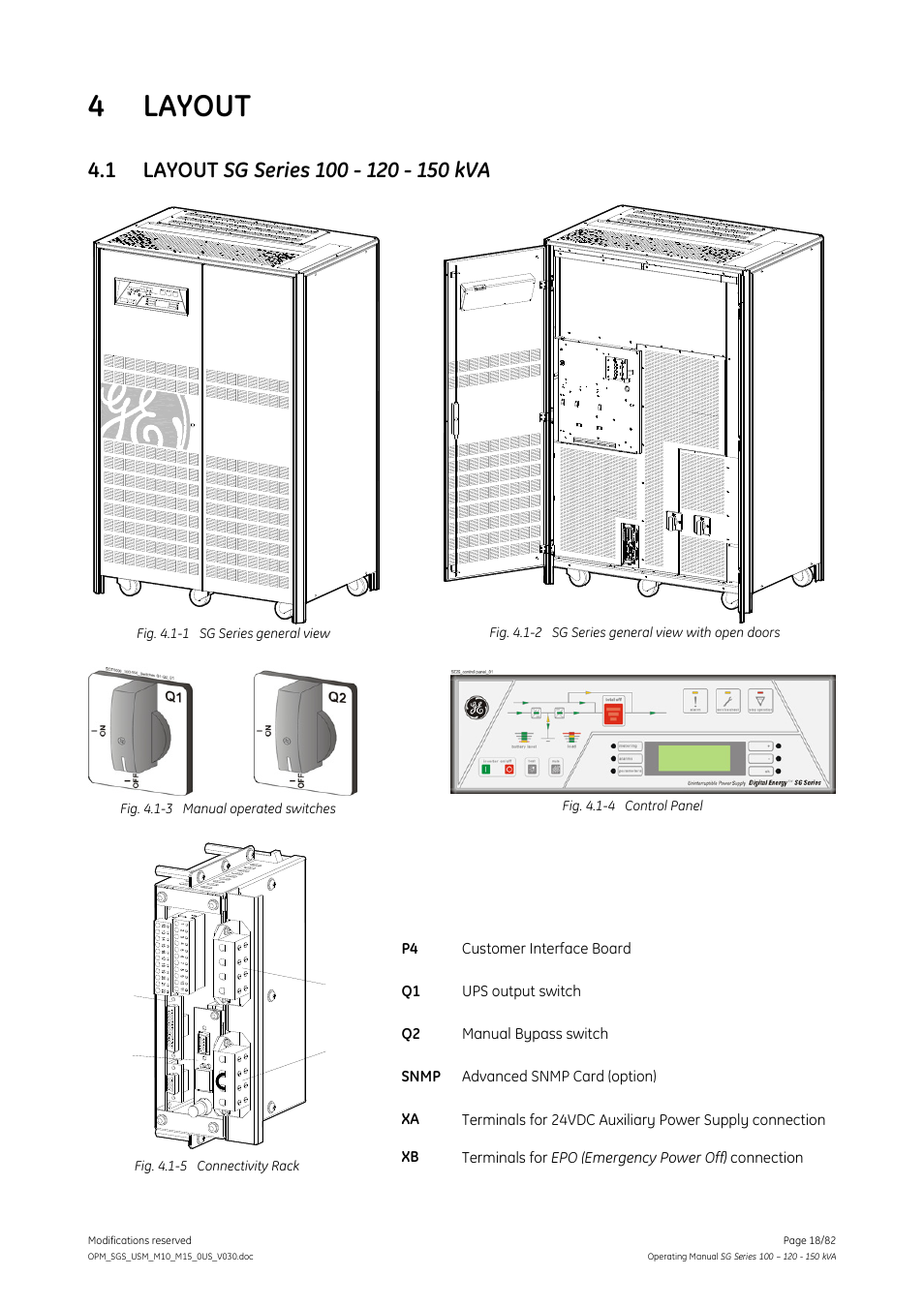 Layout, Layout sg series 100 - 120 - 150 kva, 4 layout | GE Industrial Solutions SG Series 100 – 120 – 150 kVA Operating Manual User Manual | Page 18 / 82