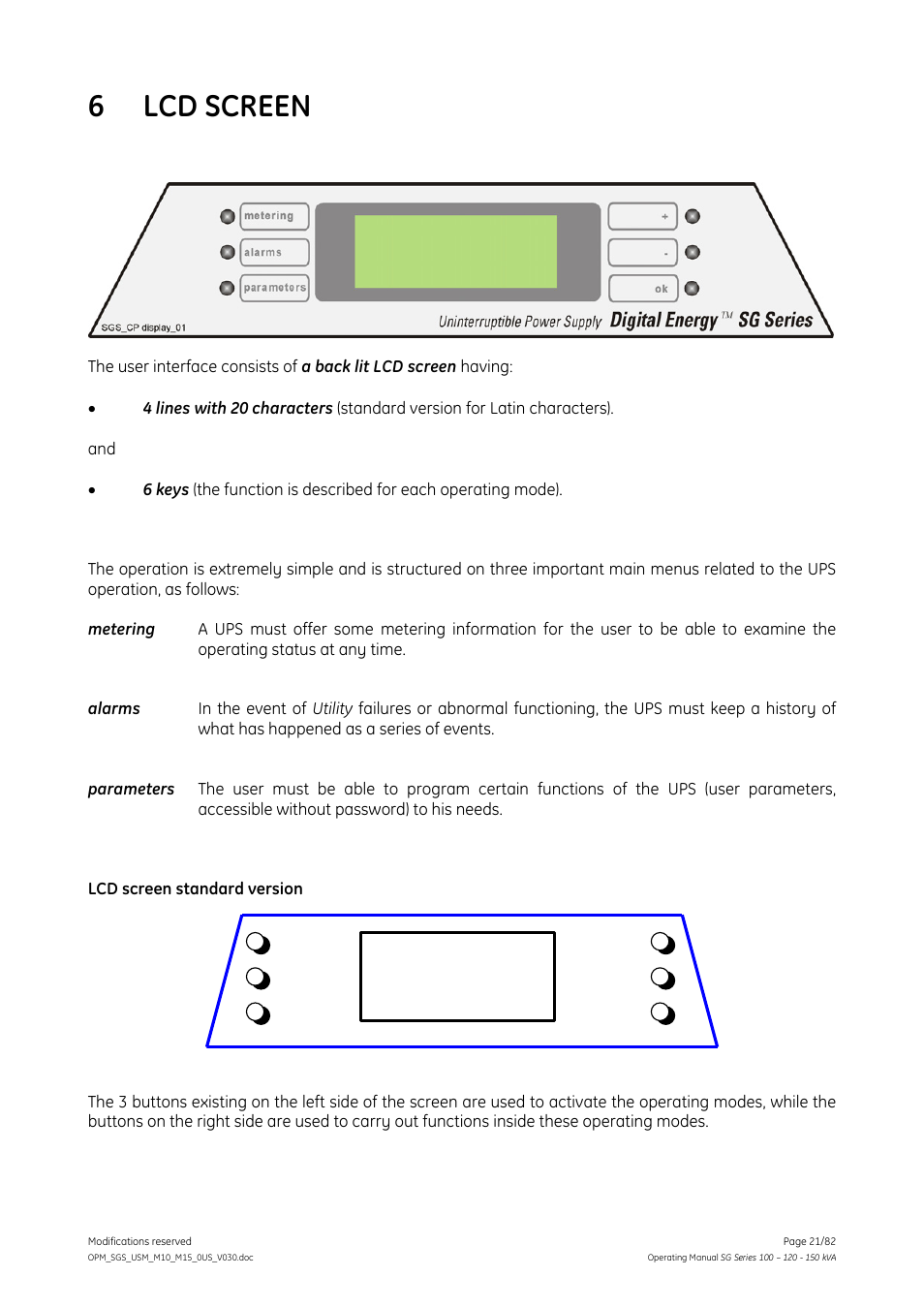 Lcd screen, 6 lcd screen | GE Industrial Solutions SG Series 100 – 120 – 150 kVA Operating Manual User Manual | Page 21 / 82