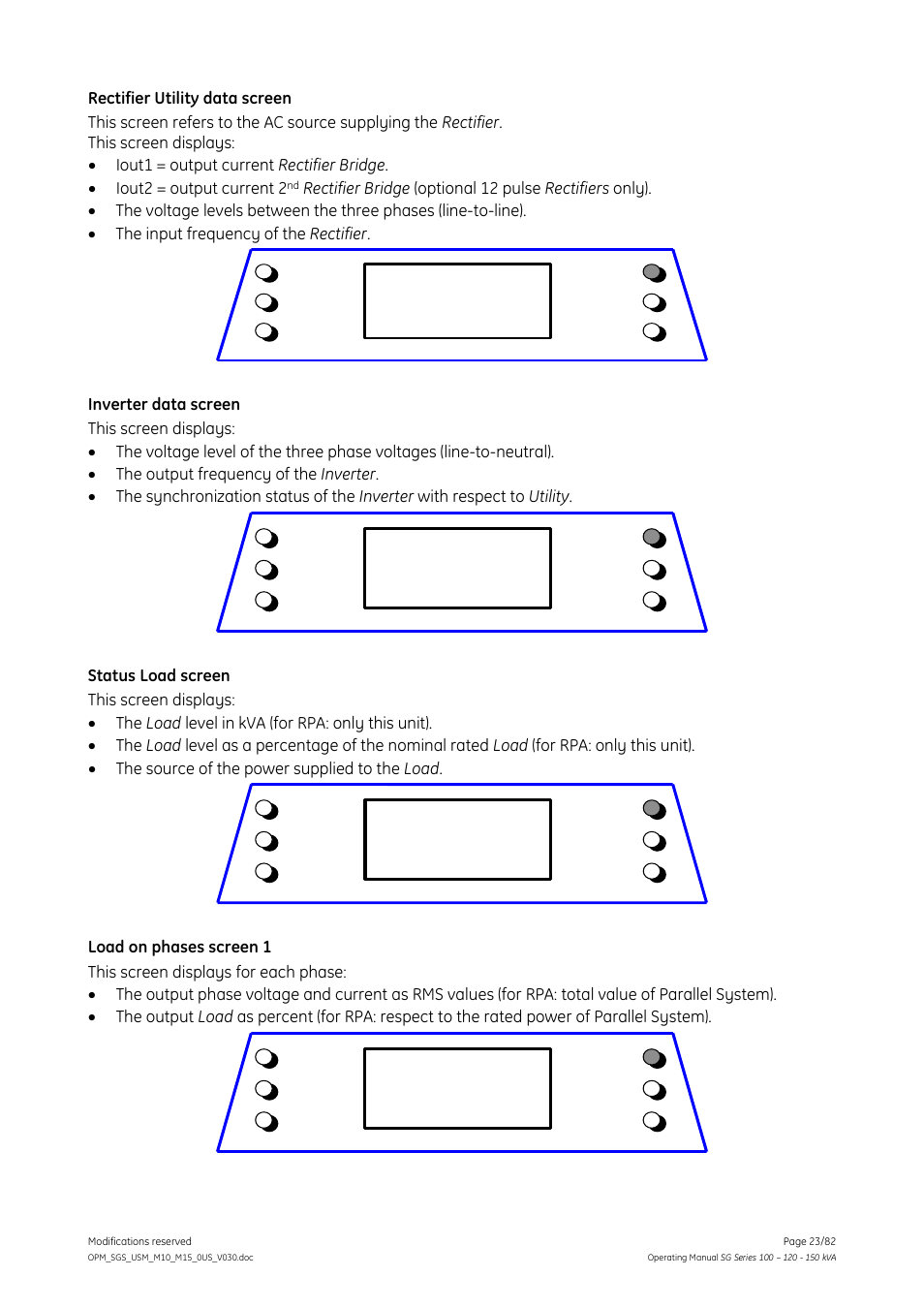 GE Industrial Solutions SG Series 100 – 120 – 150 kVA Operating Manual User Manual | Page 23 / 82