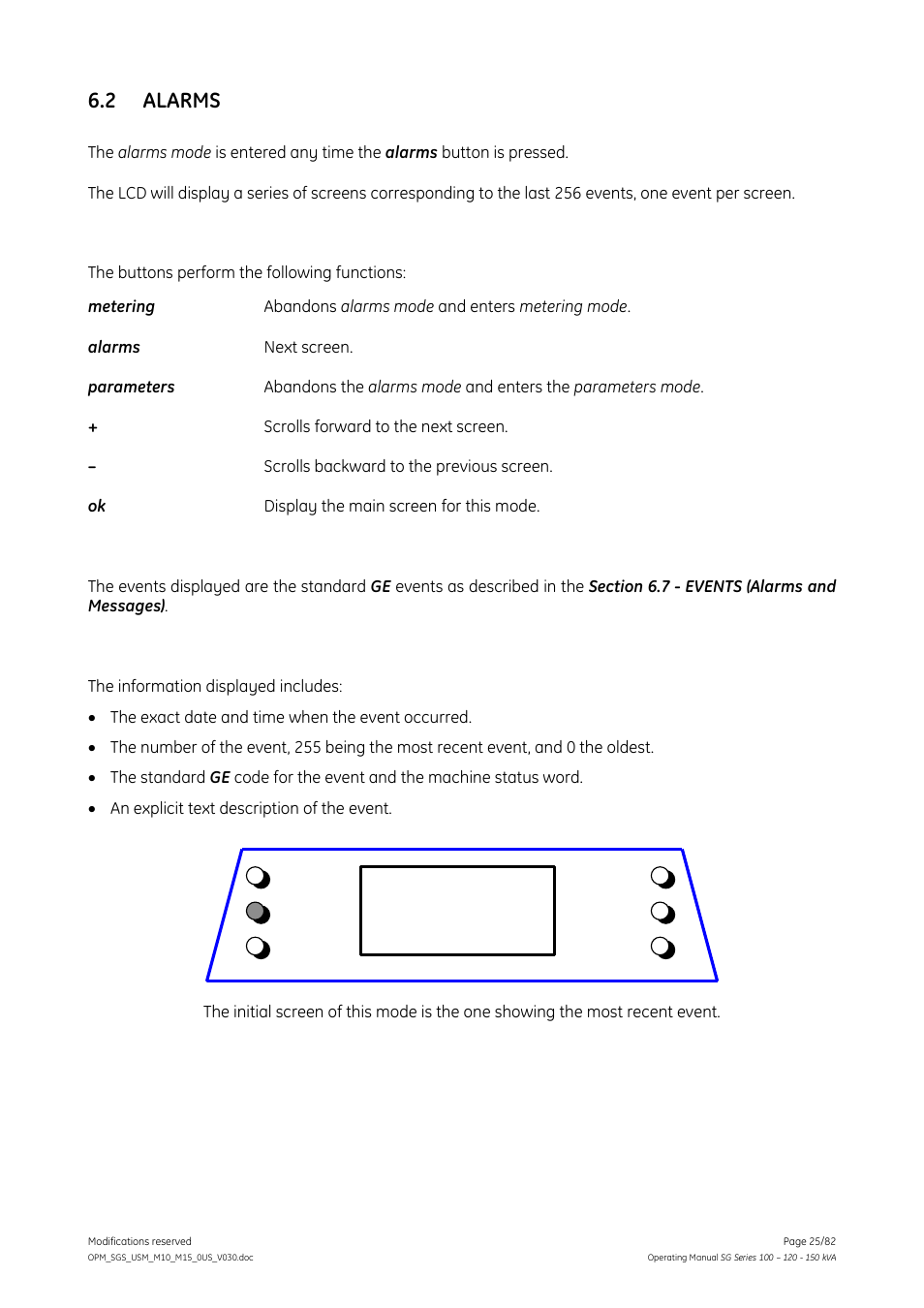 Alarms, 2 alarms | GE Industrial Solutions SG Series 100 – 120 – 150 kVA Operating Manual User Manual | Page 25 / 82