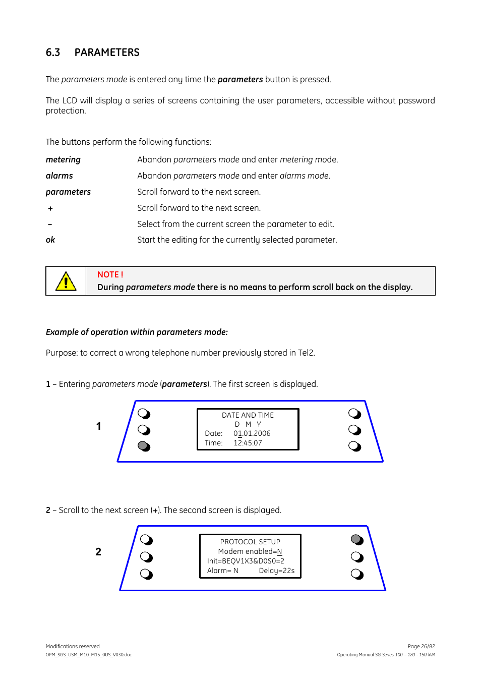 3 parameters, Parameters | GE Industrial Solutions SG Series 100 – 120 – 150 kVA Operating Manual User Manual | Page 26 / 82