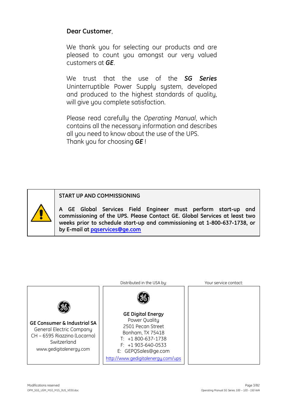 GE Industrial Solutions SG Series 100 – 120 – 150 kVA Operating Manual User Manual | Page 3 / 82