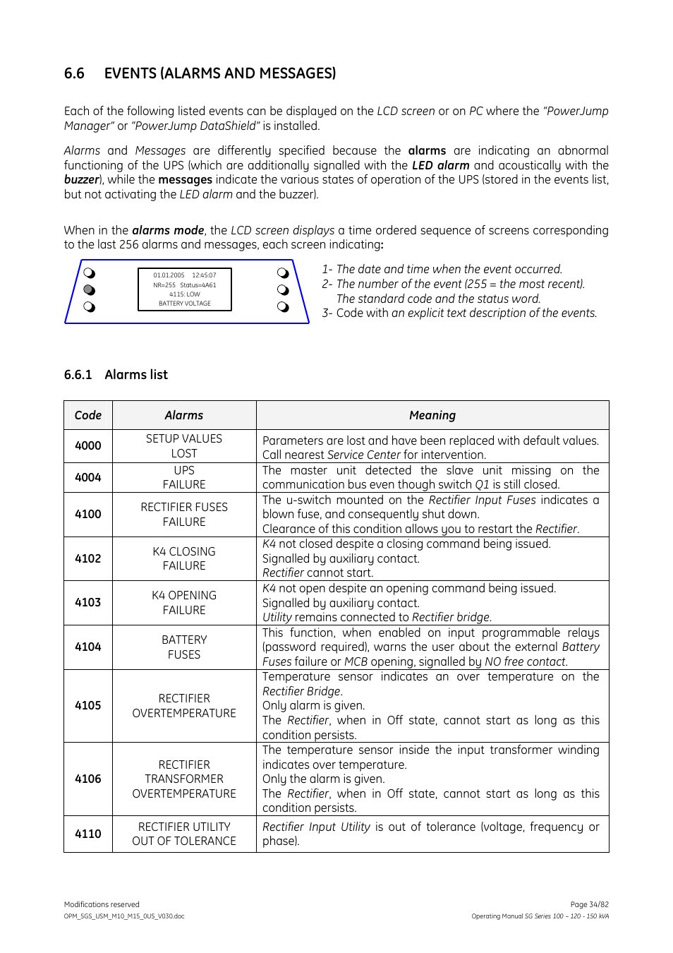 6 events (alarms and messages), Alarms list, Events (alarms and messages) | 1 alarms list | GE Industrial Solutions SG Series 100 – 120 – 150 kVA Operating Manual User Manual | Page 34 / 82