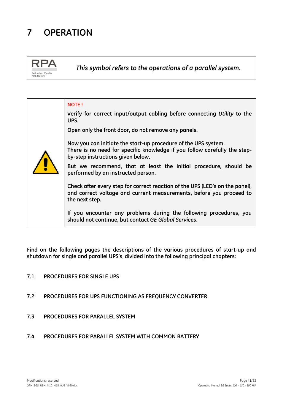 7 operation, Operation | GE Industrial Solutions SG Series 100 – 120 – 150 kVA Operating Manual User Manual | Page 41 / 82