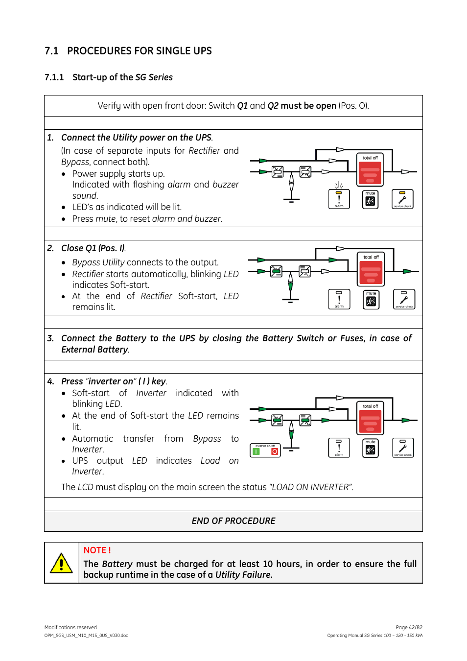 1 procedures for single ups, 1 start-up of the sg series, Procedures for single ups | Start-up of the sg series | GE Industrial Solutions SG Series 100 – 120 – 150 kVA Operating Manual User Manual | Page 42 / 82