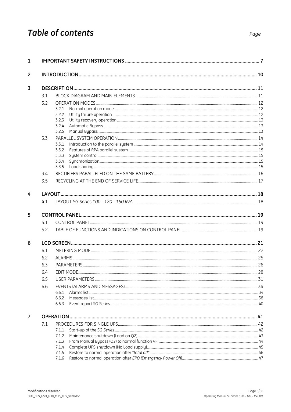 GE Industrial Solutions SG Series 100 – 120 – 150 kVA Operating Manual User Manual | Page 5 / 82