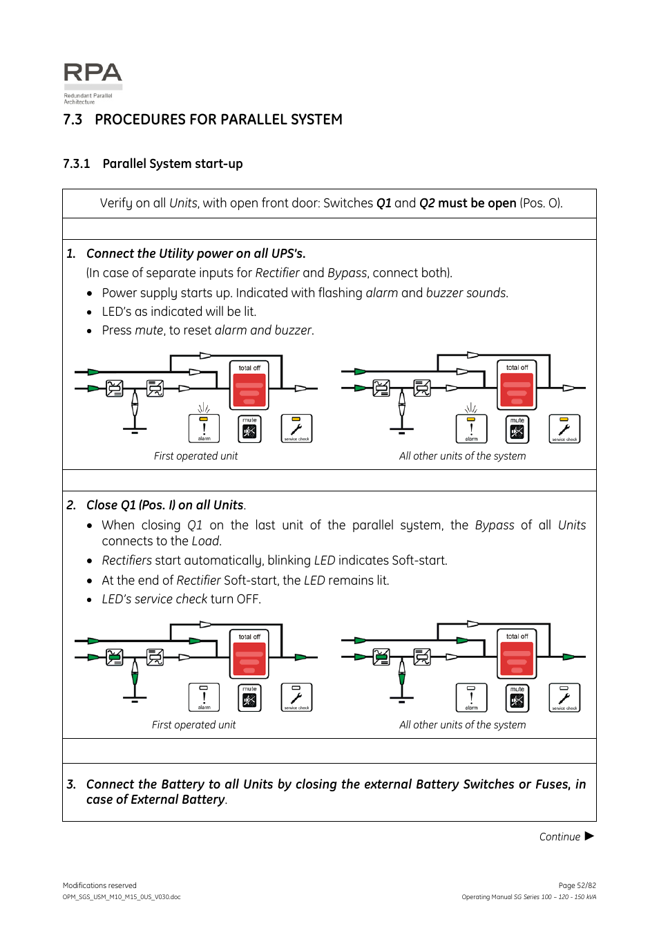 3 procedures for parallel system, 1 parallel system start-up, Procedures for parallel system | Parallel system start-up | GE Industrial Solutions SG Series 100 – 120 – 150 kVA Operating Manual User Manual | Page 52 / 82