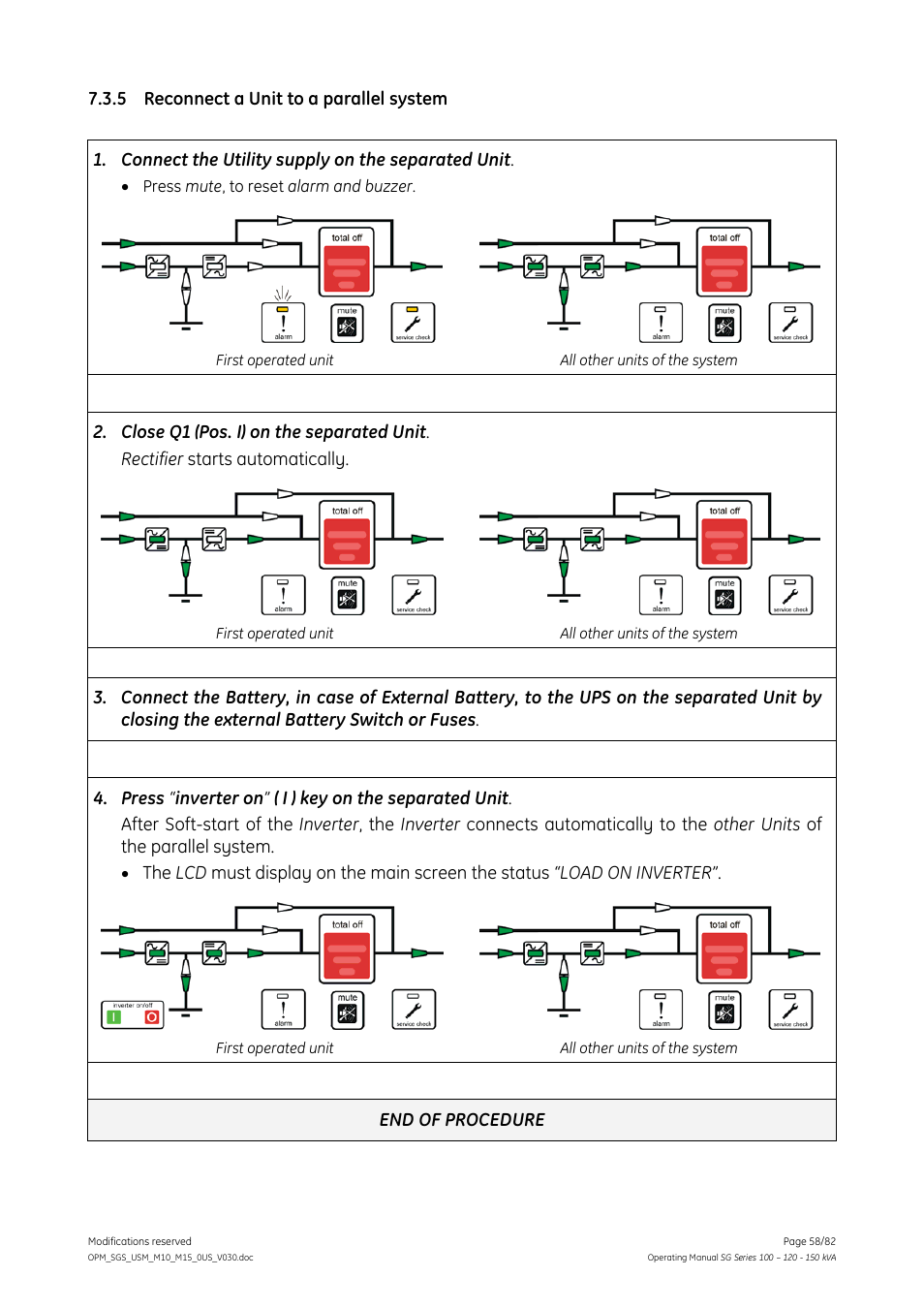 5 reconnect a unit to a parallel system, Reconnect a unit to a parallel system | GE Industrial Solutions SG Series 100 – 120 – 150 kVA Operating Manual User Manual | Page 58 / 82