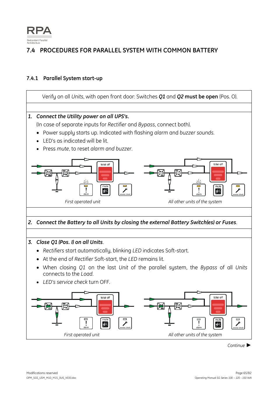 1 parallel system start-up, Procedures for parallel system with common battery, Parallel system start-up | GE Industrial Solutions SG Series 100 – 120 – 150 kVA Operating Manual User Manual | Page 65 / 82
