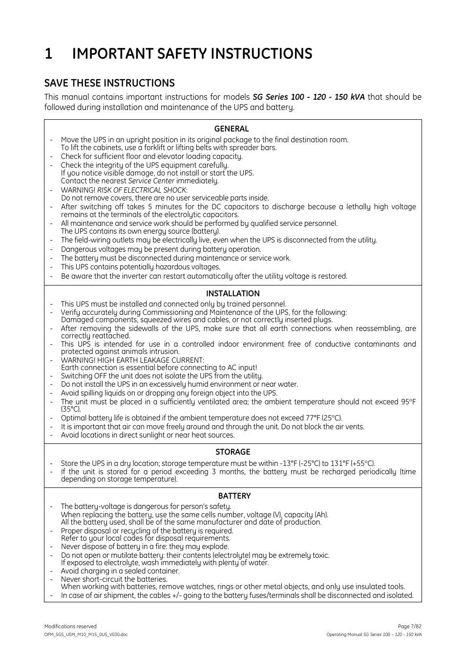 Important safety instructions, 1 important safety instructions, Save these instructions | GE Industrial Solutions SG Series 100 – 120 – 150 kVA Operating Manual User Manual | Page 7 / 82