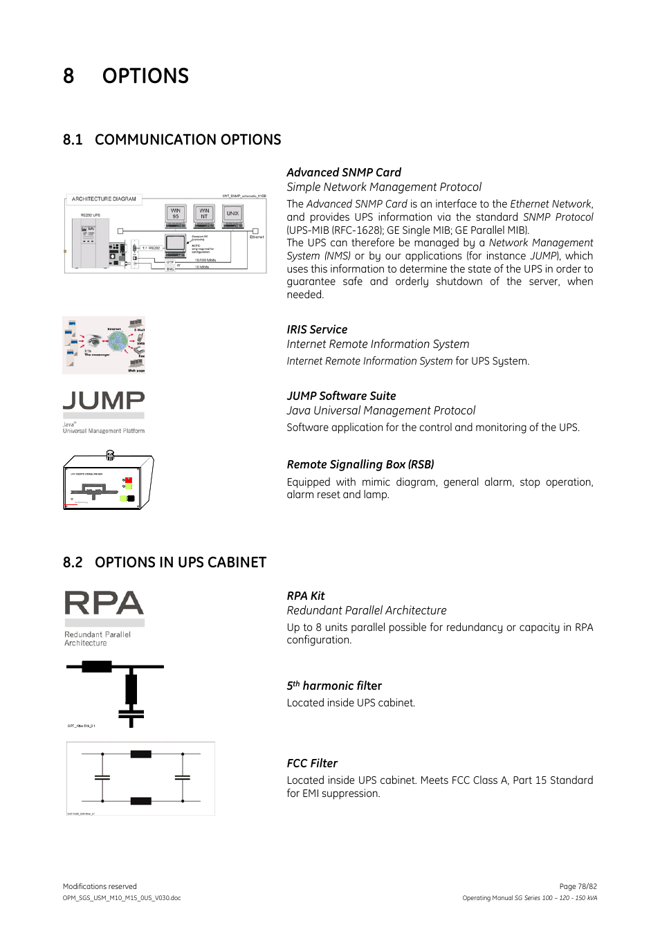 Options, 1 communication options, 2 options in ups cabinet | Communication options, Options in ups cabinet, 8 options | GE Industrial Solutions SG Series 100 – 120 – 150 kVA Operating Manual User Manual | Page 78 / 82