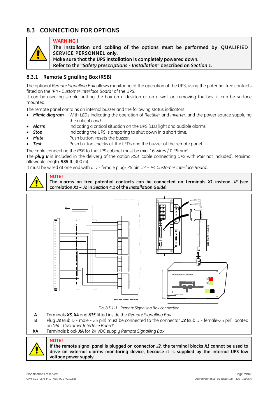 Connection for options, 1 remote signalling box (rsb), Remote signalling box (rsb) | 3 connection for options, Fig. 8.3.1-1 remote signalling box connection, X3 x4, J2 xa | GE Industrial Solutions SG Series 100 – 120 – 150 kVA Operating Manual User Manual | Page 79 / 82