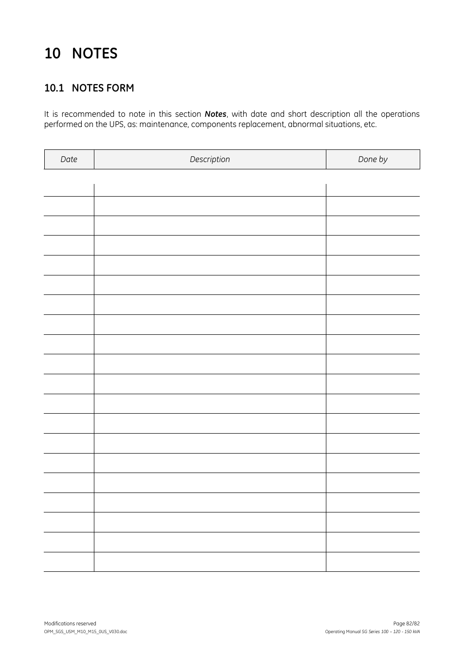 10 notes, 1 notes form, Notes | Notes form | GE Industrial Solutions SG Series 100 – 120 – 150 kVA Operating Manual User Manual | Page 82 / 82