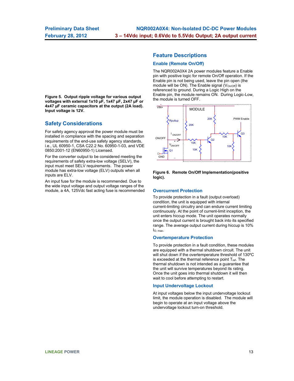 Safety considerations, Feature descriptions | GE Industrial Solutions NQR002A0X4 User Manual | Page 13 / 20