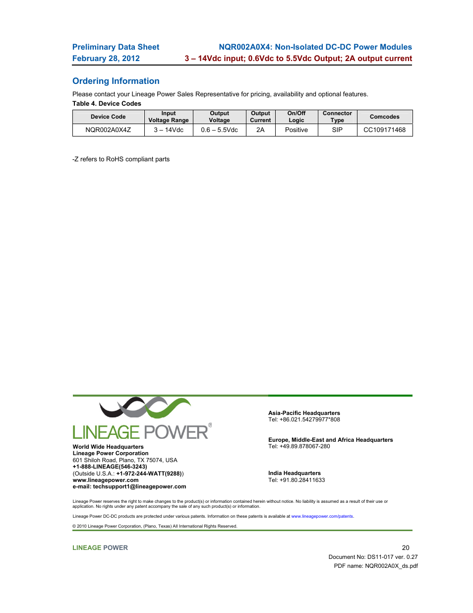 Ordering information | GE Industrial Solutions NQR002A0X4 User Manual | Page 20 / 20