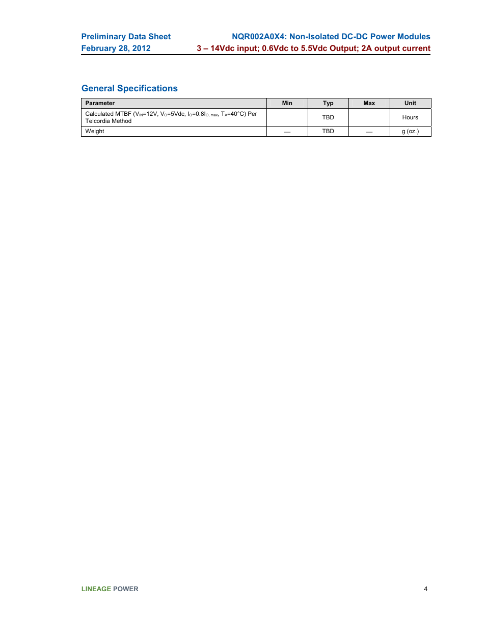 General specifications | GE Industrial Solutions NQR002A0X4 User Manual | Page 4 / 20
