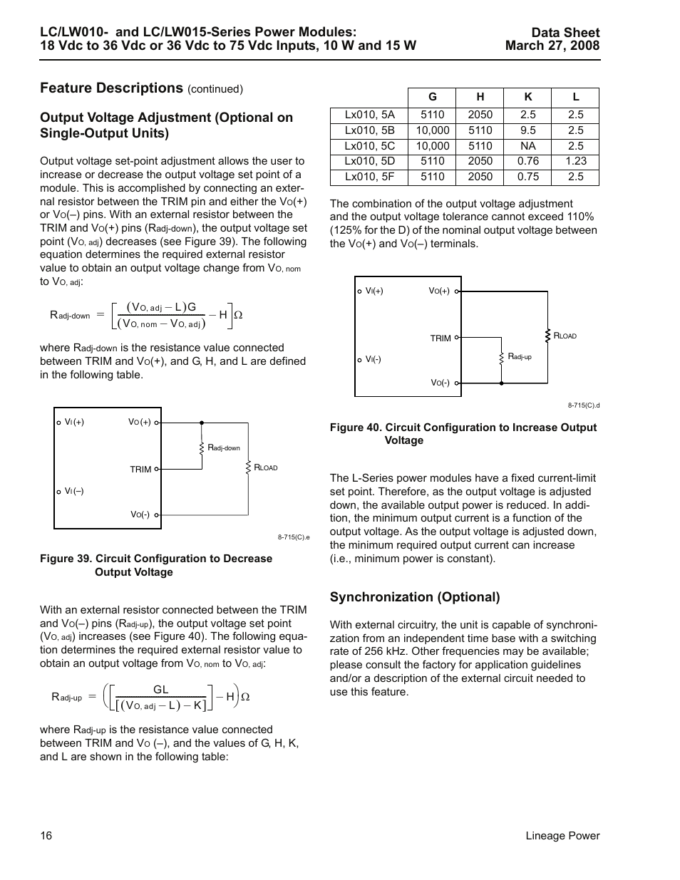 Synchronization (optional), Feature descriptions | GE Industrial Solutions LC-LW015-Series User Manual | Page 16 / 24