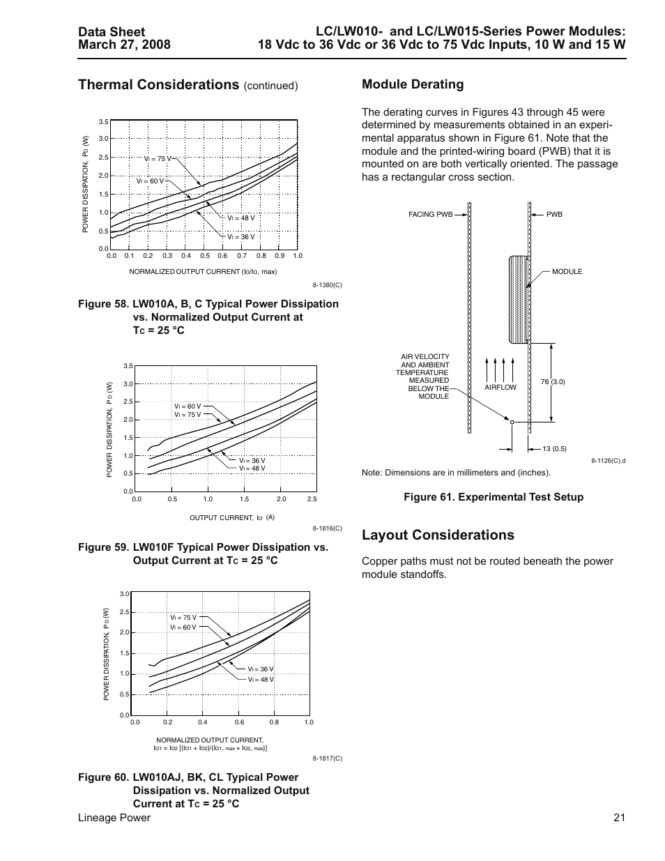 Module derating, Figure 61. experimental test setup, Layout considerations | E 58): p, Thermal considerations, Lineage power 21, Continued), 25 °c | GE Industrial Solutions LC-LW015-Series User Manual | Page 21 / 24
