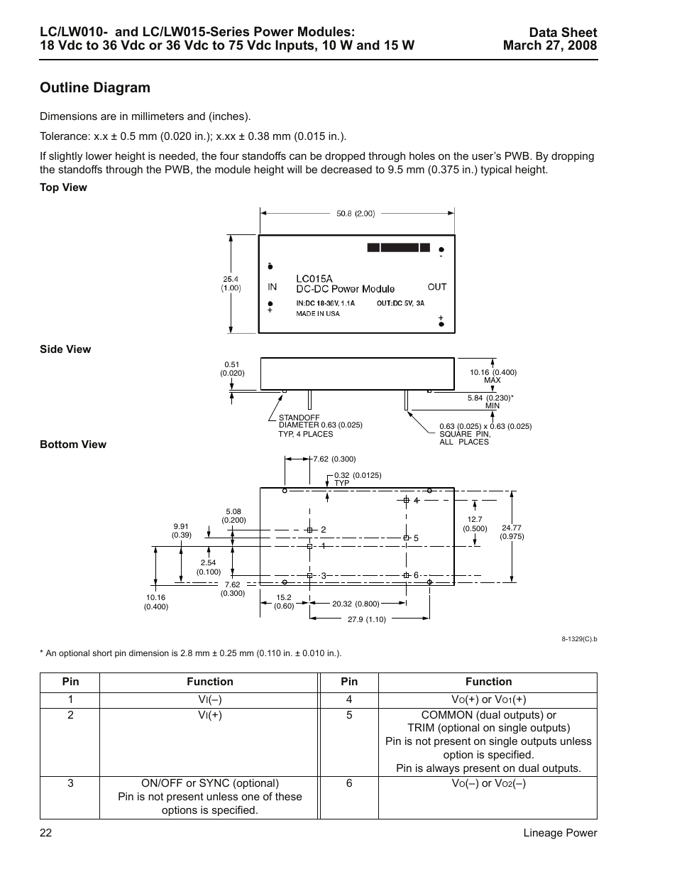 Outline diagram | GE Industrial Solutions LC-LW015-Series User Manual | Page 22 / 24