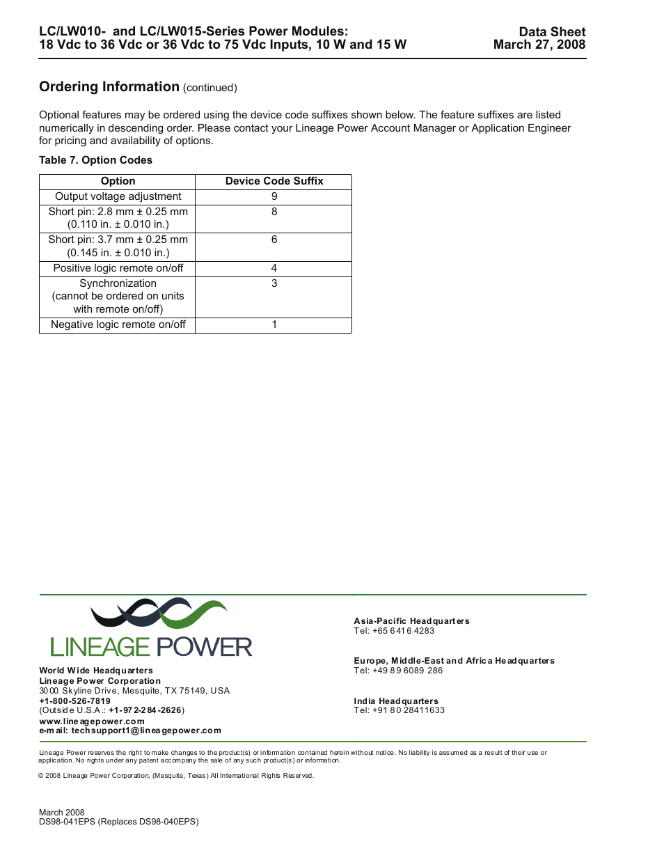 Table 7. option codes, Ordering information | GE Industrial Solutions LC-LW015-Series User Manual | Page 24 / 24