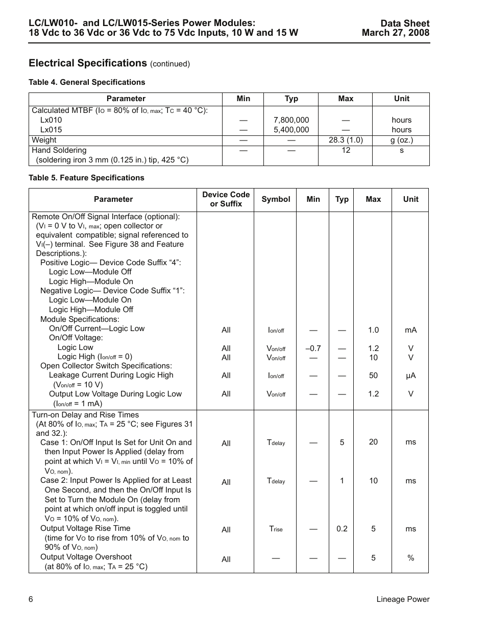 Table 4. general specifications, Table 5. feature specifications, Electrical specifications | GE Industrial Solutions LC-LW015-Series User Manual | Page 6 / 24