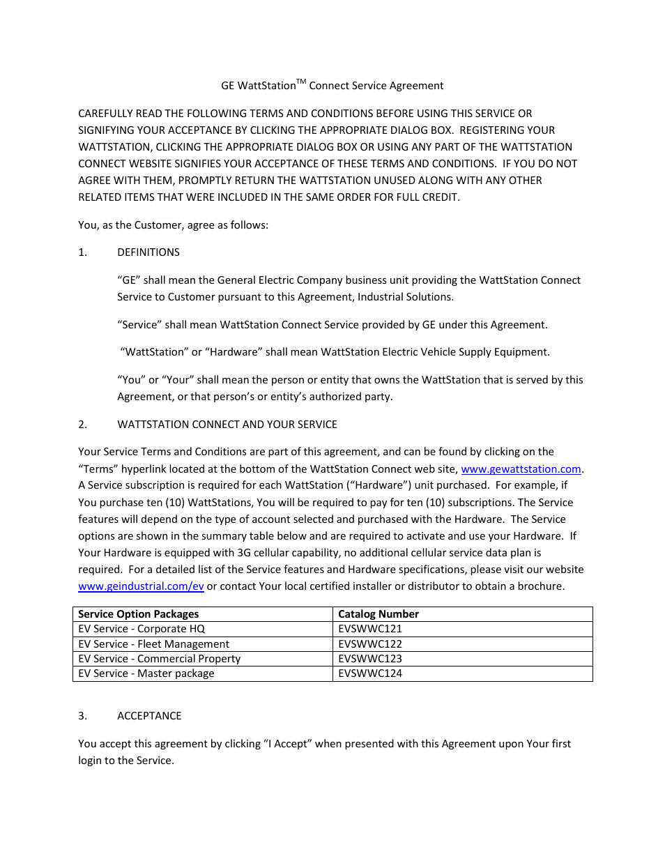 GE Industrial Solutions WattStation Connect Service Agreement User Manual | 7 pages